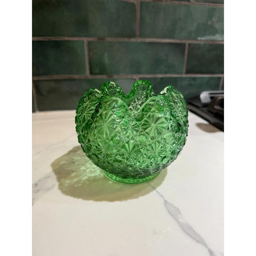 Green Daisy Button Glass Rose Bowl Vase with Ruffled/Crimped Rim Candle Holder